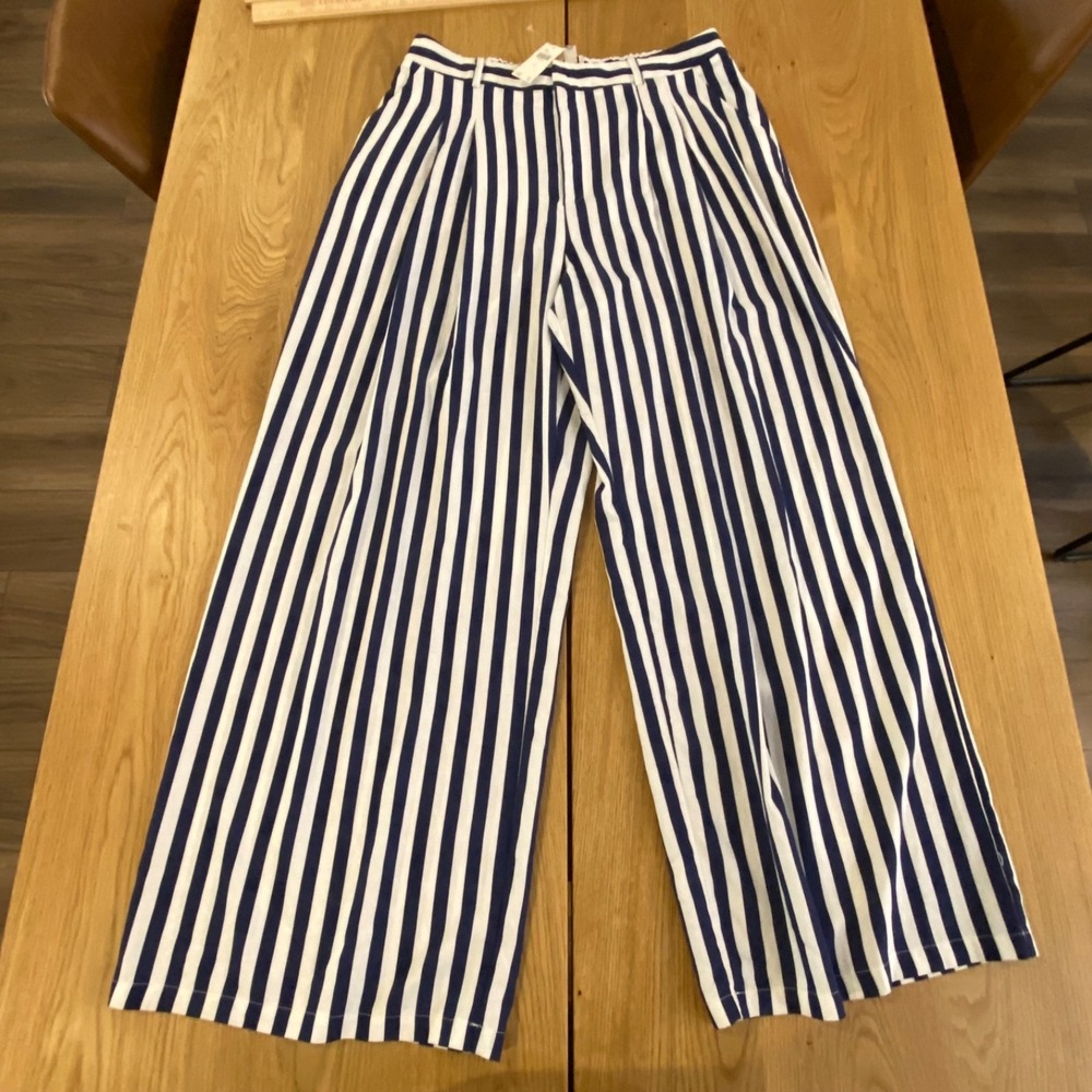 MAEVE The Avery Striped Pleated Wide-Leg Trouser Women's L Blue White Stylish